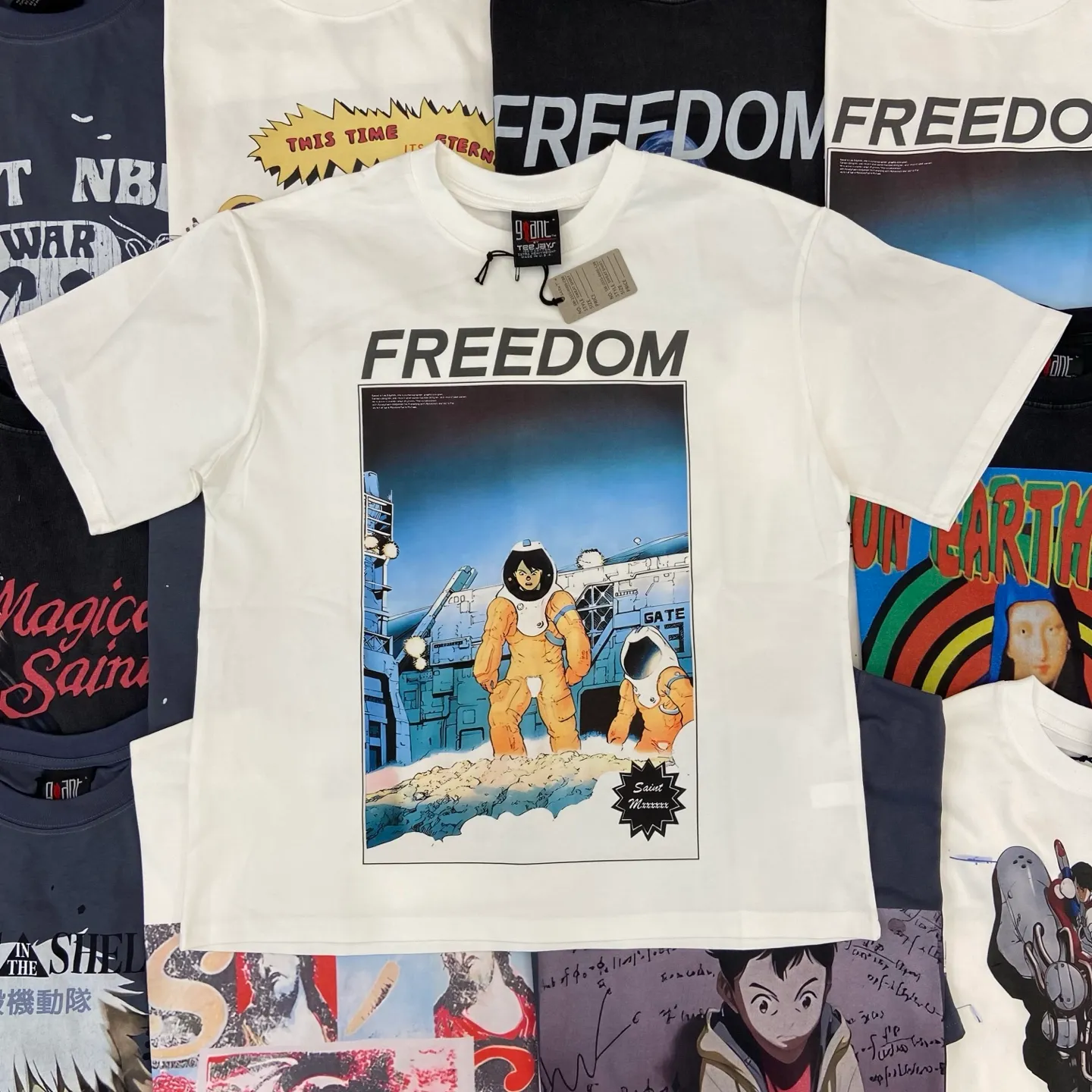 Saint Michael series of new American retro washed and distressed niche printed pure cotton loose short-sleeved T-shirts with digital white ink direct injection, breathable fabrics and three-dimensional and clear patterns. Fabric: Double yarn 240g Size: S-M-L-XL